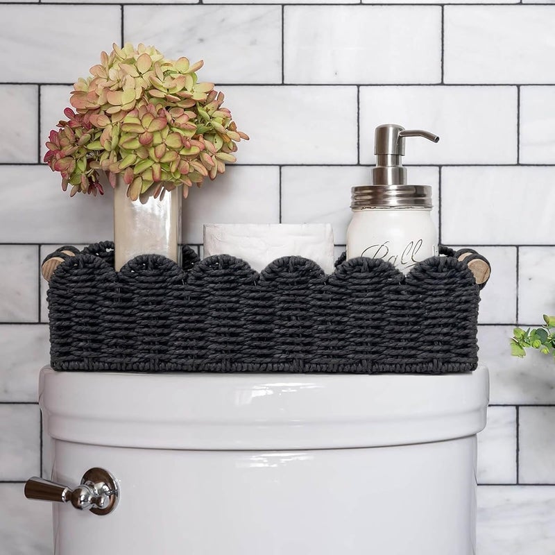 CubesLand Scalloped Edge Decor Basket for Living Room, Home, Bathroom, 2SAME SIZE Paper Rope Baskets, Toilet Storage Baskets for Over Toilet Storage Shelf, Cozy Woven Basket Both Storage&Decor, Black - Image 2